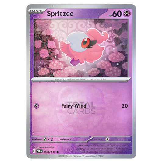 Spritzee 038 Reverse Holo Master Ball card from the Pokemon set Prismatic Evolutions