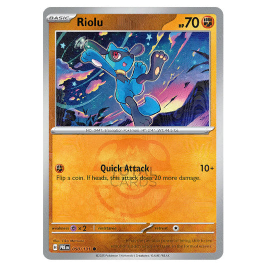 Riolu 050 Reverse Holo Master Ball card from the Pokemon set Prismatic Evolutions
