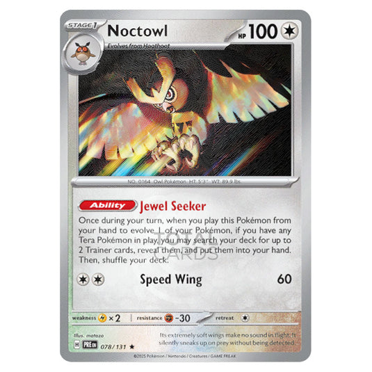 Noctowl 078 Reverse Holo Master Ball card from the Pokemon set Prismatic Evolutions