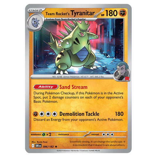 Team Rocket's Tyranitar 096 card from the Pokemon set Destined Rivals