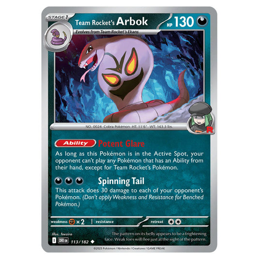 Team Rocket's Arbok 113 card from the Pokemon set Destined Rivals