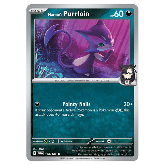 Marnie's Purrloin 130 card from the Pokemon set Destined Rivals