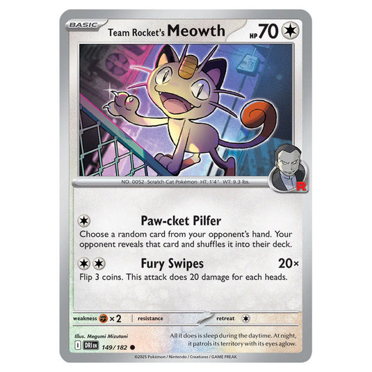 Team Rocket's Meowth 149 card from the Pokemon set Destined Rivals