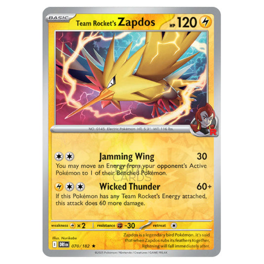 Team Rocket's Zapdos 070 card from the Pokemon set Destined Rivals