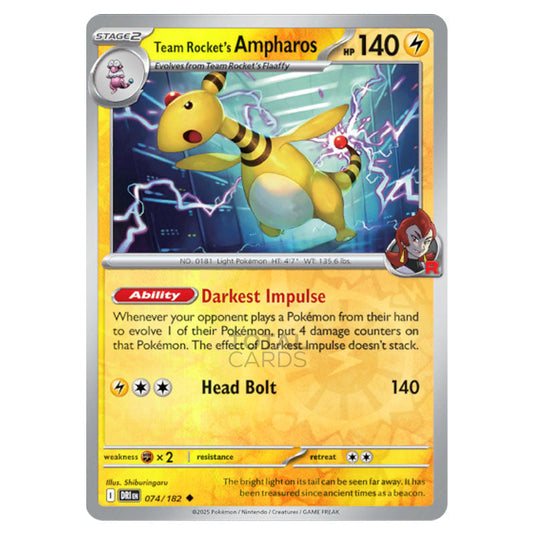 Team Rocket's Ampharos 074 card from the Pokemon set Destined Rivals