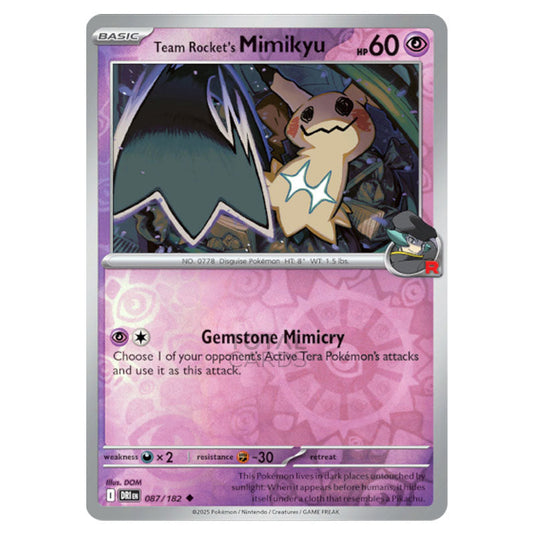 Team Rocket's Mimikyu 087 card from the Pokemon set Destined Rivals