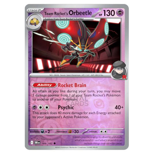 Team Rocket's Orbeetle 089 card from the Pokemon set Destined Rivals