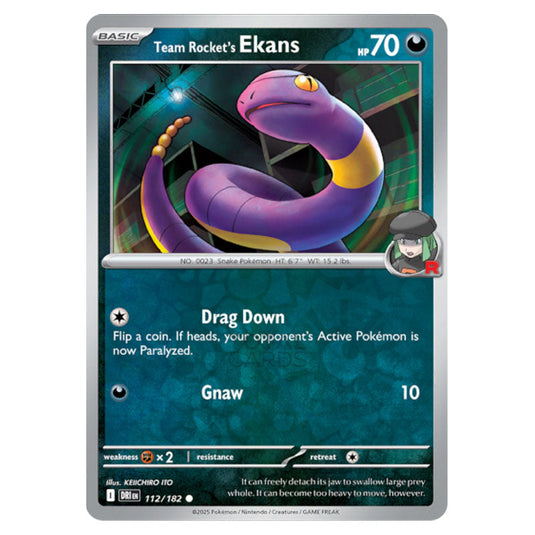 Team Rocket's Ekans 112 card from the Pokemon set Destined Rivals
