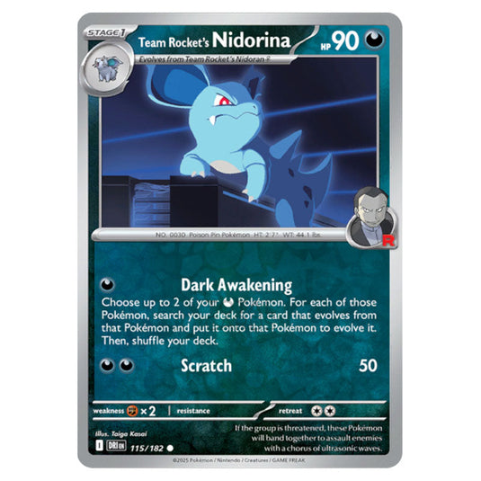 Team Rocket's Nidorina 115 card from the Pokemon set Destined Rivals