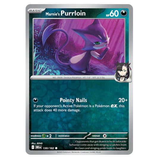 Marnie's Purrloin 130 card from the Pokemon set Destined Rivals