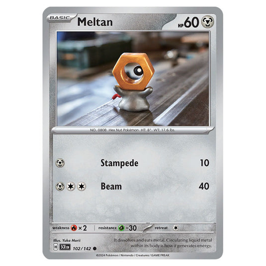 Meltan 102 card from the Pokemon set Stellar Crown