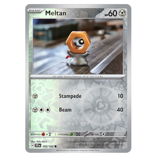 Meltan 102 card from the Pokemon set Stellar Crown