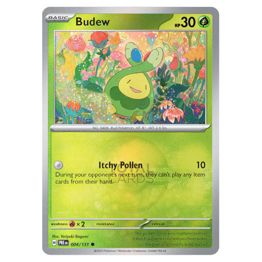 Budew 004 Reverse Holo Poke Ball card from the Pokemon set Prismatic Evolutions