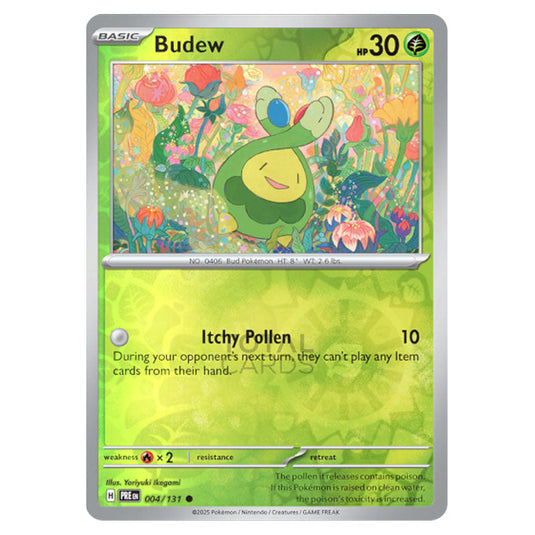 Budew 004 Reverse Holo card from the Pokemon set Prismatic Evolutions