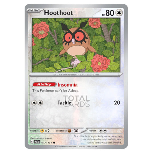 Hoothoot 077 Reverse Holo card from the Pokemon set Prismatic Evolutions