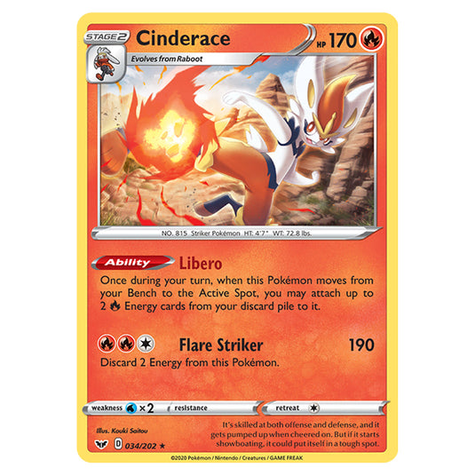 Pokemon - Sword & Shield - Base Set - Cinderace - 034/202 Pokemon - Sword & Shield - Base Set - Cinderace - 034/202