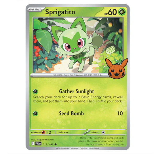 Sprigatito card from the Pokemon set Trick or Trade 2024