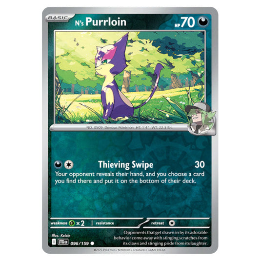 N's Purrloin 096 Reverse Holo card from the Pokemon set Journey Together