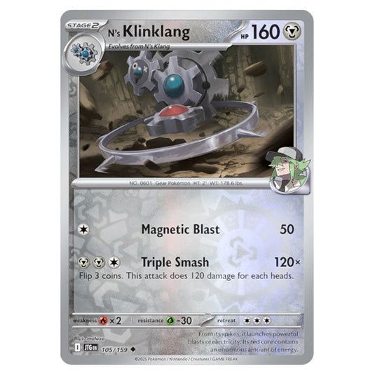N's Klinklang 105 Reverse Holo card from the Pokemon set Journey Together