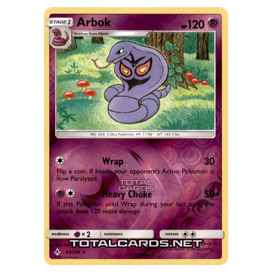 Pokemon - Sun & Moon - Unbroken Bonds - Arbok - 63/214 - (Reverse Holo)