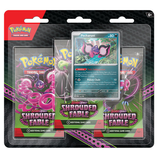 Front of a Pokemon TCG Shrouded Fable 3-Pack Blister Featuring a Pecharunt Promo Card