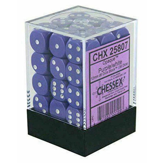 Chessex - Opaque 12mm D6 w/pips 36-Dice Blocks - Purple w/white