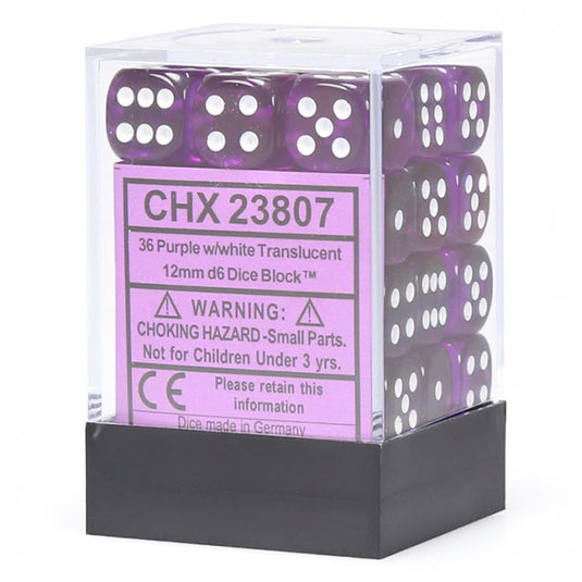 Chessex - Translucent 12mm D6 w/pips 36-Dice Blocks - Purple w/white