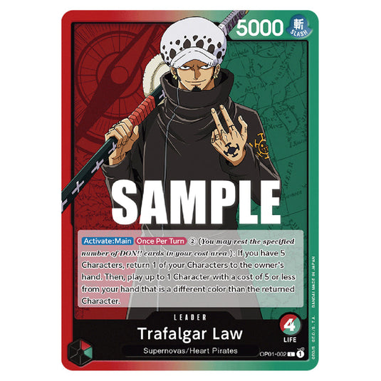 Trafalgar Law OP01-002 card from the One Piece set Romance Dawn