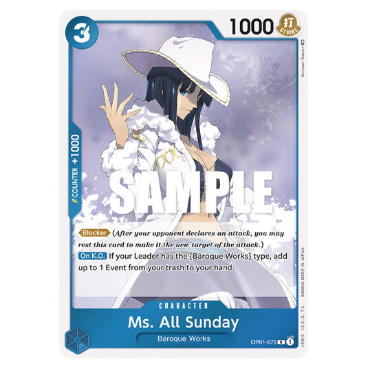 Ms. All Sunday OP01-079 card from the One Piece set Romance Dawn