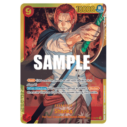Shanks OP01-120 card from the One Piece set Romance Dawn