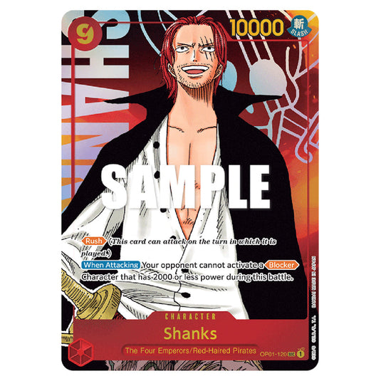 Shanks OP01-120a card from the One Piece set Romance Dawn