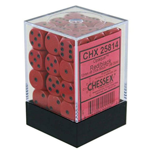 Chessex - Opaque 12mm D6 w/pips 36-Dice Blocks - Red w/black