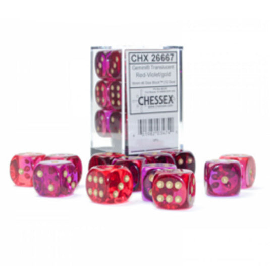 Chessex - Gemini - 16mm d6 - Translucent Red-Violet/gold - Dice Block (12 Dice)