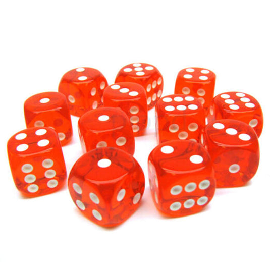 Chessex - Translucent - 16mm - d6 with pips - Red/white - Dice Blocks (12 Dice)
