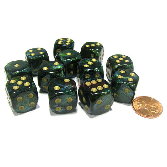 Chessex - Signature - 16mm D6 W/ Pips Blocks (12 Dice) - Scarab Jade w/Gold