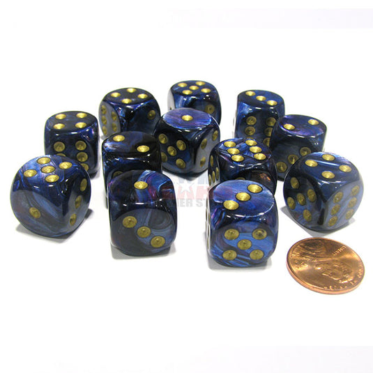 Chessex - Signature - 16mm D6 W/ Pips Blocks (12 Dice) - Scarab Royal Blue w/Gold