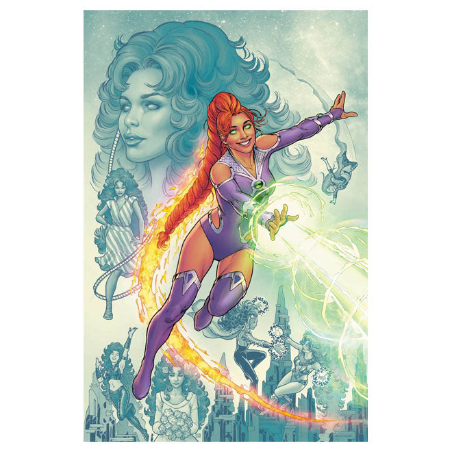 Starfire flying in her purple costume, casting green starbolts with a fiery orange braid on Nicola Scott’s 2023 Tales of the Titans #1 cover.