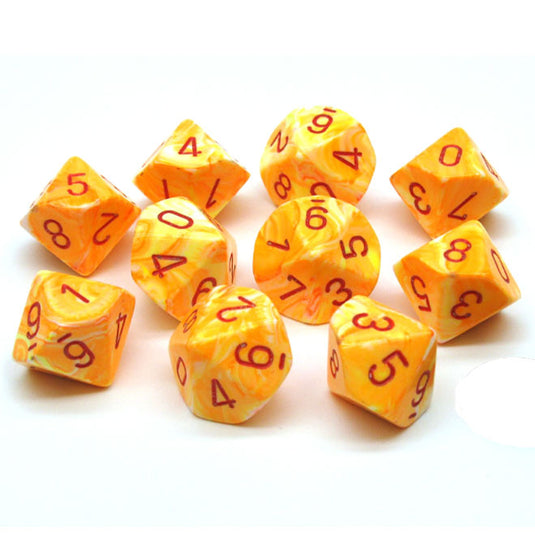 Chessex - Signature - 16mm Polyhedral D10 10-Dice Set - Festive Sunburst with Red