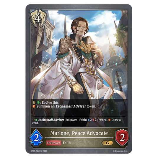 Marlone, Peace Advocate BP17-P22EN card from the Shadowverse: Evolve set Convergent Destinies