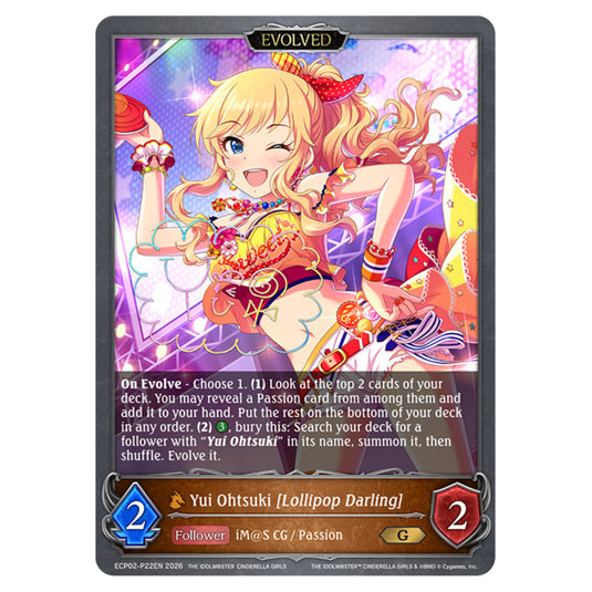 Yui Ohtsuki [Lollipop Darling] ECP02-P22EN card from the Shadowverse: Evolve set THE iDOLM@STER Cinderella Girls