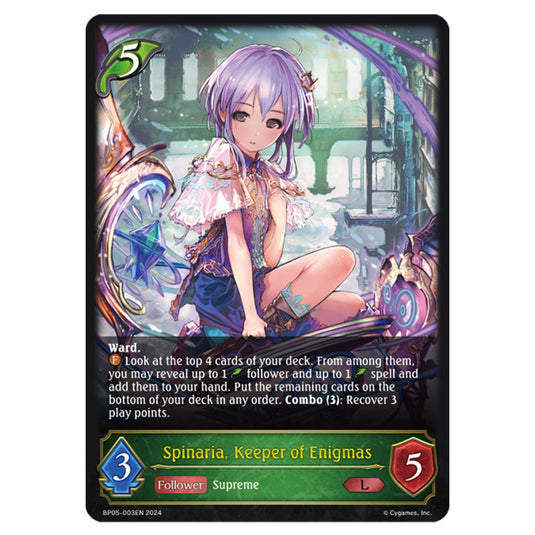 Spinaria, Keeper of Enigmas BP05-003EN card from the Shadowverse: Evolve set Omens Eternal