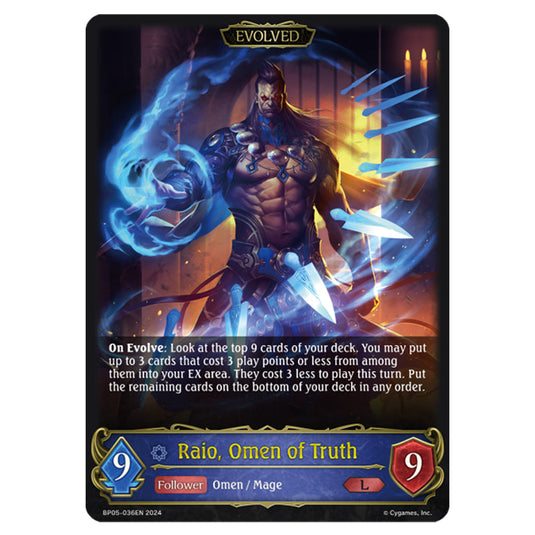 Raio, Omen of Truth BP05-036EN card from the Shadowverse: Evolve set Omens Eternal