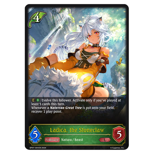 Ladica, the Stoneclaw BP07-001EN card from the Shadowverse: Evolve set Verdant Steel