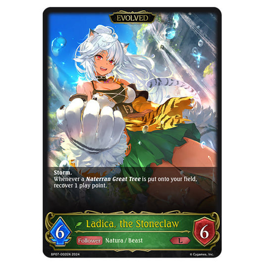 Ladica, the Stoneclaw BP07-002EN card from the Shadowverse: Evolve set Verdant Steel