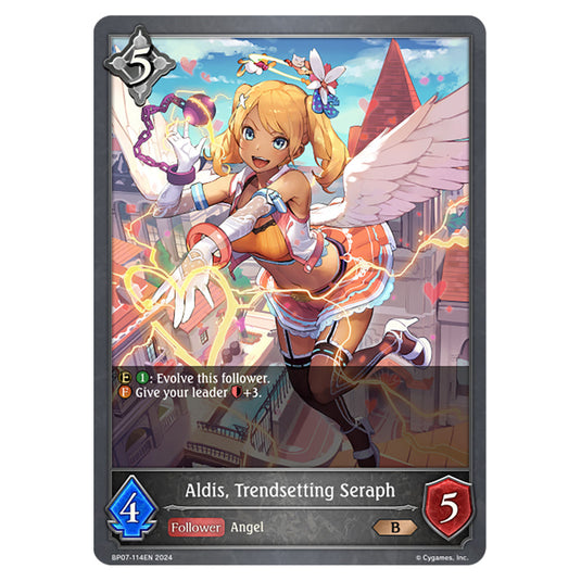 Aldis, Trendsetting Seraph BP07-114EN card from the Shadowverse: Evolve set Verdant Steel