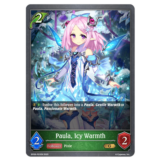 Paula, Icy Warmth BP09-P01EN card from the Shadowverse: Evolve set Duet of Dawn and Dusk