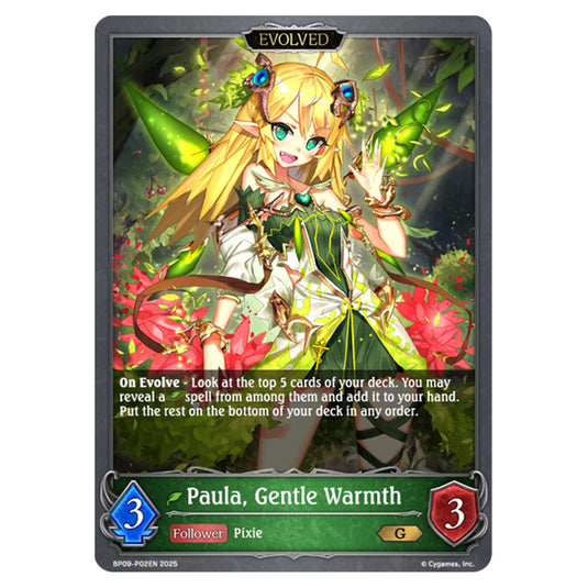 Paula, Gentle Warmth BP09-P02EN card from the Shadowverse: Evolve set Duet of Dawn and Dusk