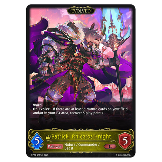 Patrick, Rhiceros Knight BP12-019EN card from the Shadowverse: Evolve set Worldreaver's Descent & Dominion of Darkness
