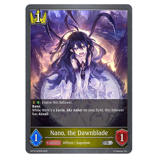 Nano, the Dawnblade BP12-025EN card from the Shadowverse: Evolve set Worldreaver's Descent & Dominion of Darkness
