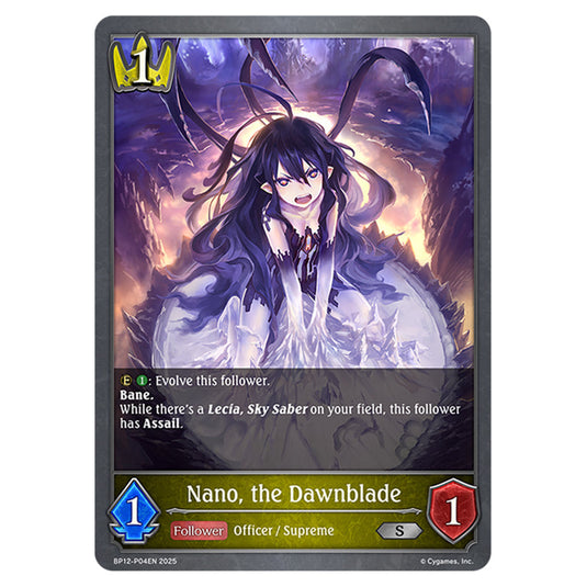 Nano, the Dawnblade BP12-P04EN card from the Shadowverse: Evolve set Worldreaver's Descent & Dominion of Darkness